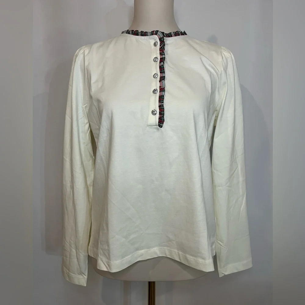 J.Crew Long-sleeve tartan and jewels henley in ivory - Picture 4 of 7